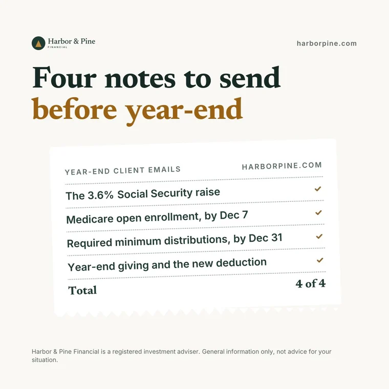 A year-end lineup in one graphic. Another one Watt drew for the sample firm Harbor & Pine Financial.