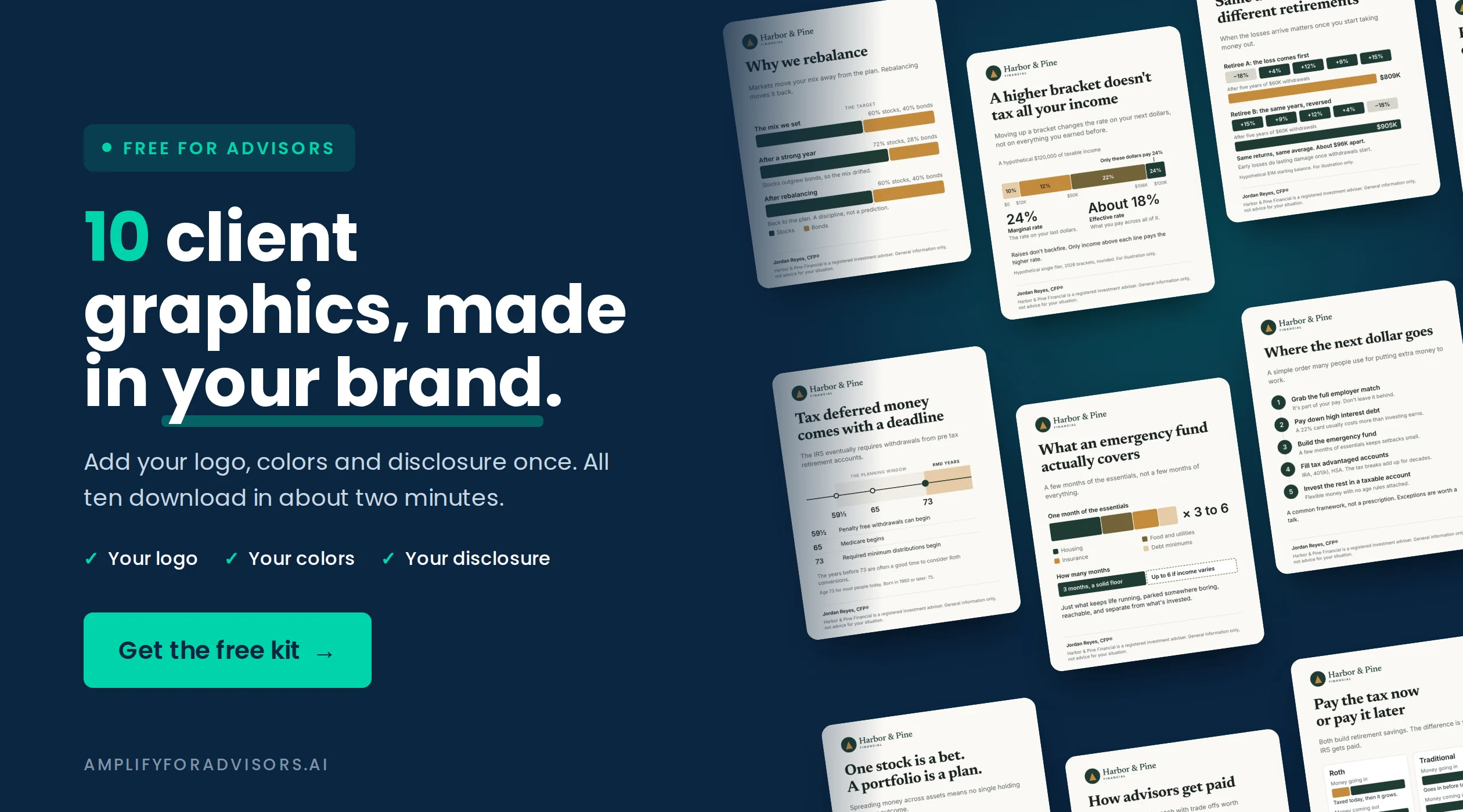 Free for advisors. Ten client graphics made in your brand, with your logo, colors and disclosure. Get the free kit.