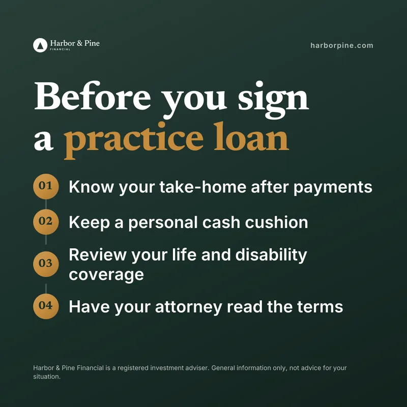 Before you sign a practice loan, a social media graphic made by Watt for Harbor & Pine Financial, a sample firm