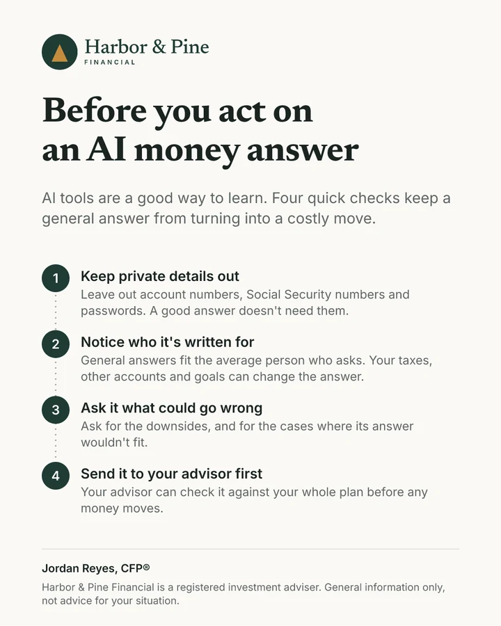 A one-page client handout, Before you act on an AI money answer