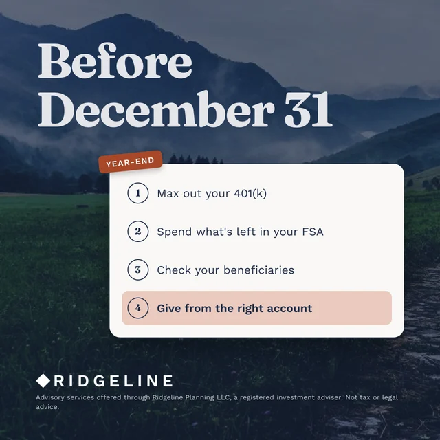 Before December 31, a four-step year-end checklist over a mountain photo